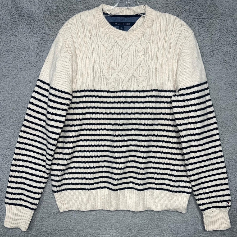 Tommy Hilfiger Sweater Men's Sz L Beige Striped Cable Knit Lambswool Blend